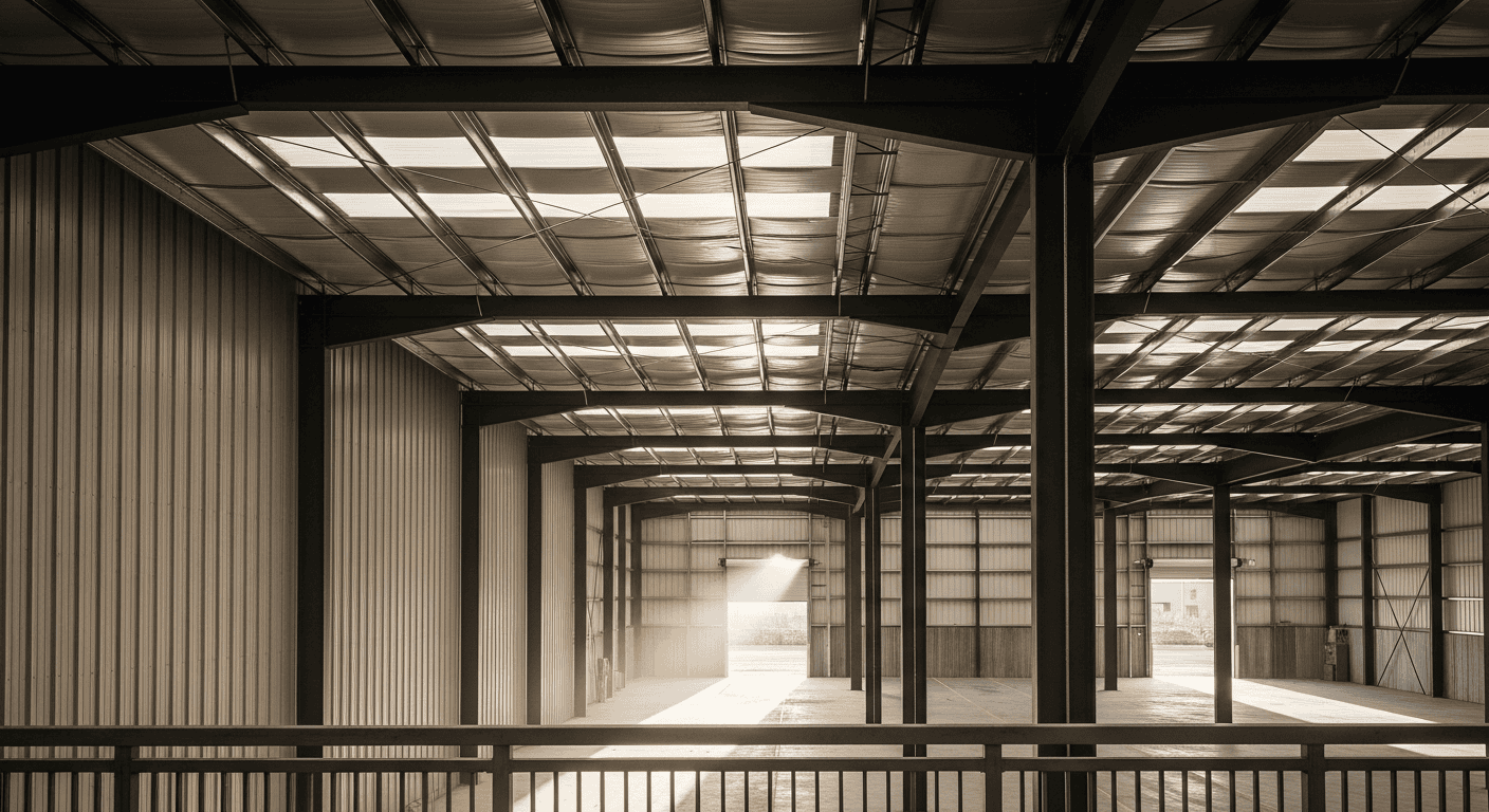 Clear-span PEB interior with insulated roofing
